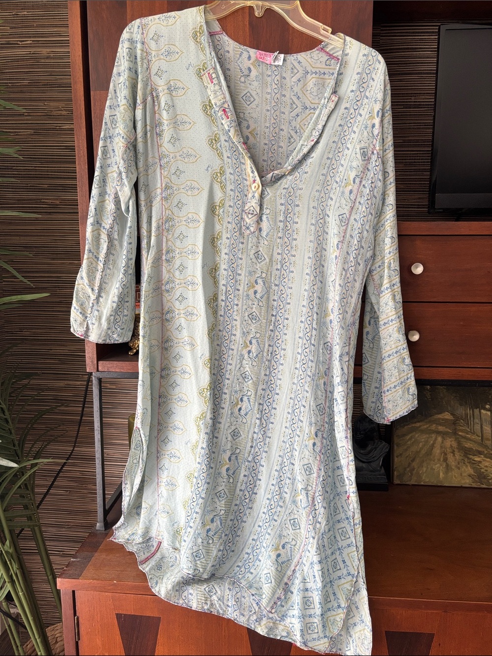 Vintage 90's Tracy Feith Womens light blue semi sheer tunic dress 100% Silk